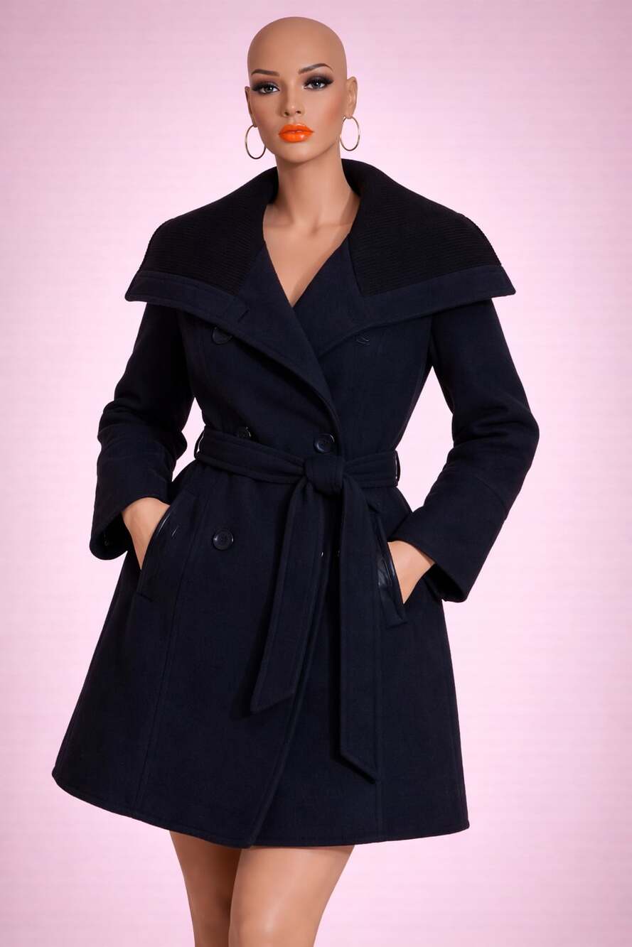 Style & Co. Woman Navy Blue Wool Blend Double-Breasted Belted Coat Size 14W